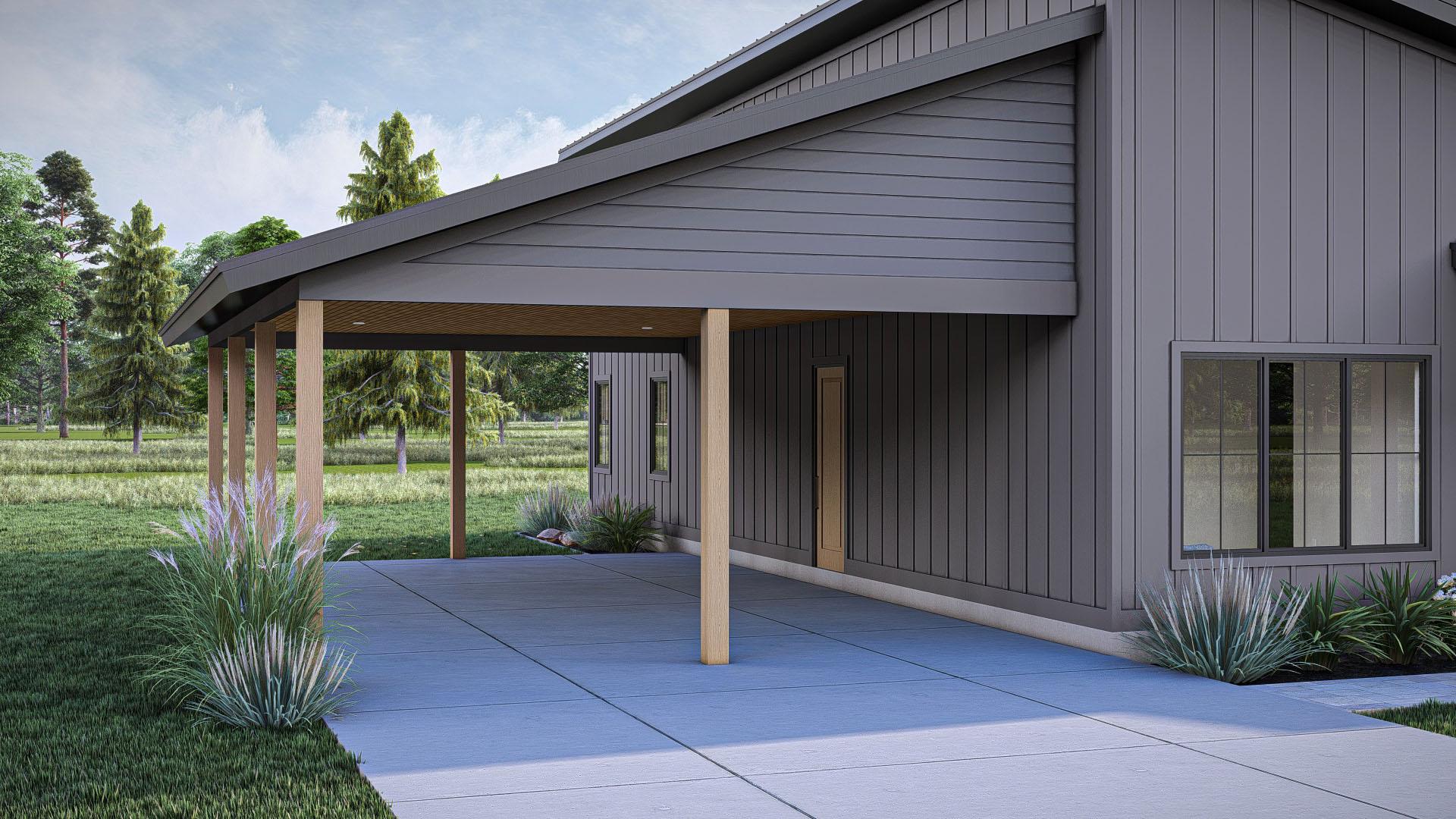 House plan exterior: Modern style, covered carport with wooden posts, dark siding, and a gable roof.