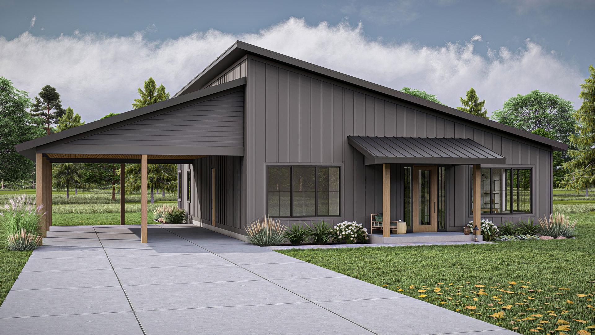 Modern house plan exterior with a carport, shed rooflines, vertical siding, and a covered entry.