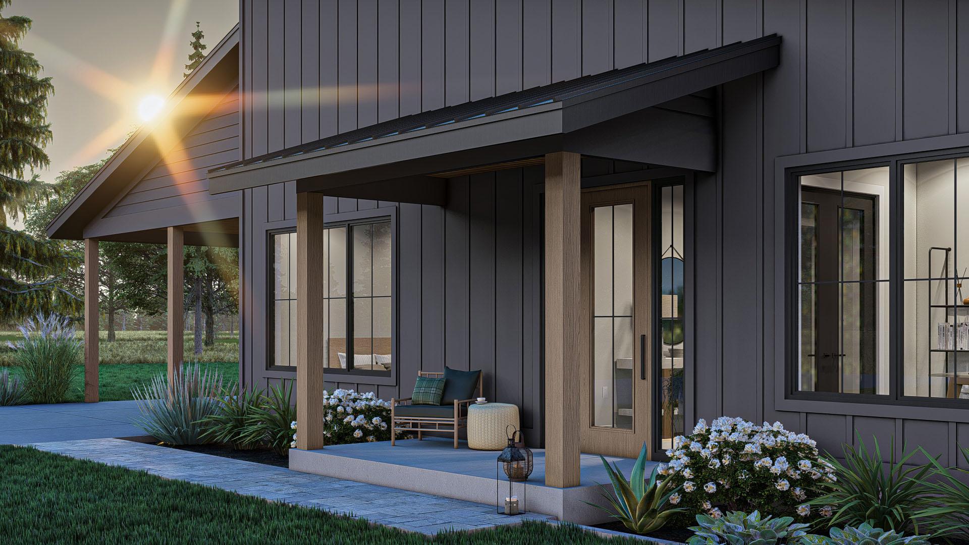 Modern Farmhouse exterior with standing seam metal roof, covered front porch with wood columns, and board-and-batten siding.