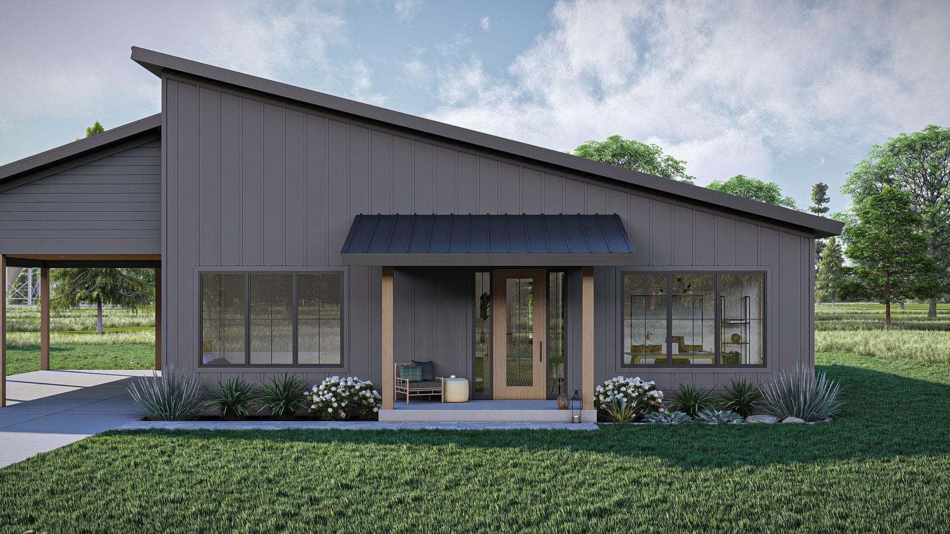 Modern house plan exterior with a shed roof, vertical siding, and a covered front porch with wood posts and a metal awning.