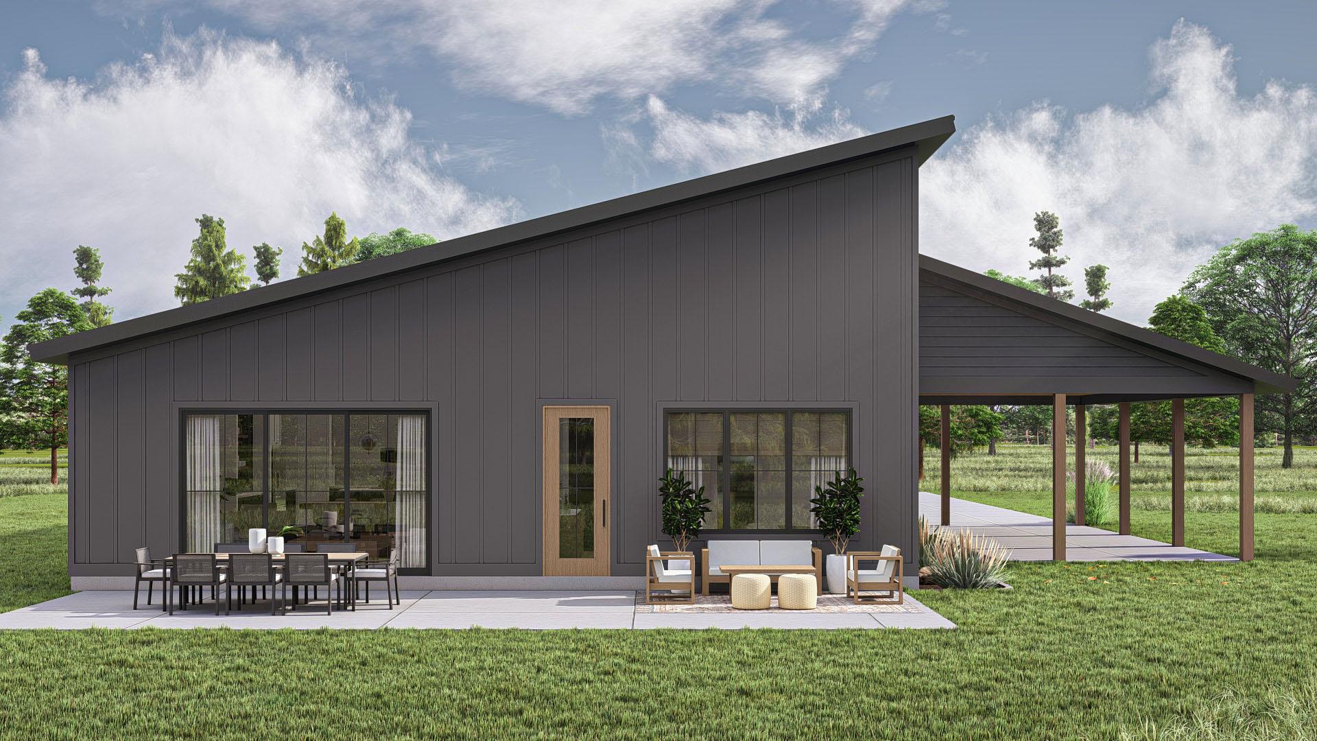 Modern house plan exterior with a dark metal facade, asymmetrical roof, large windows, and covered patio.