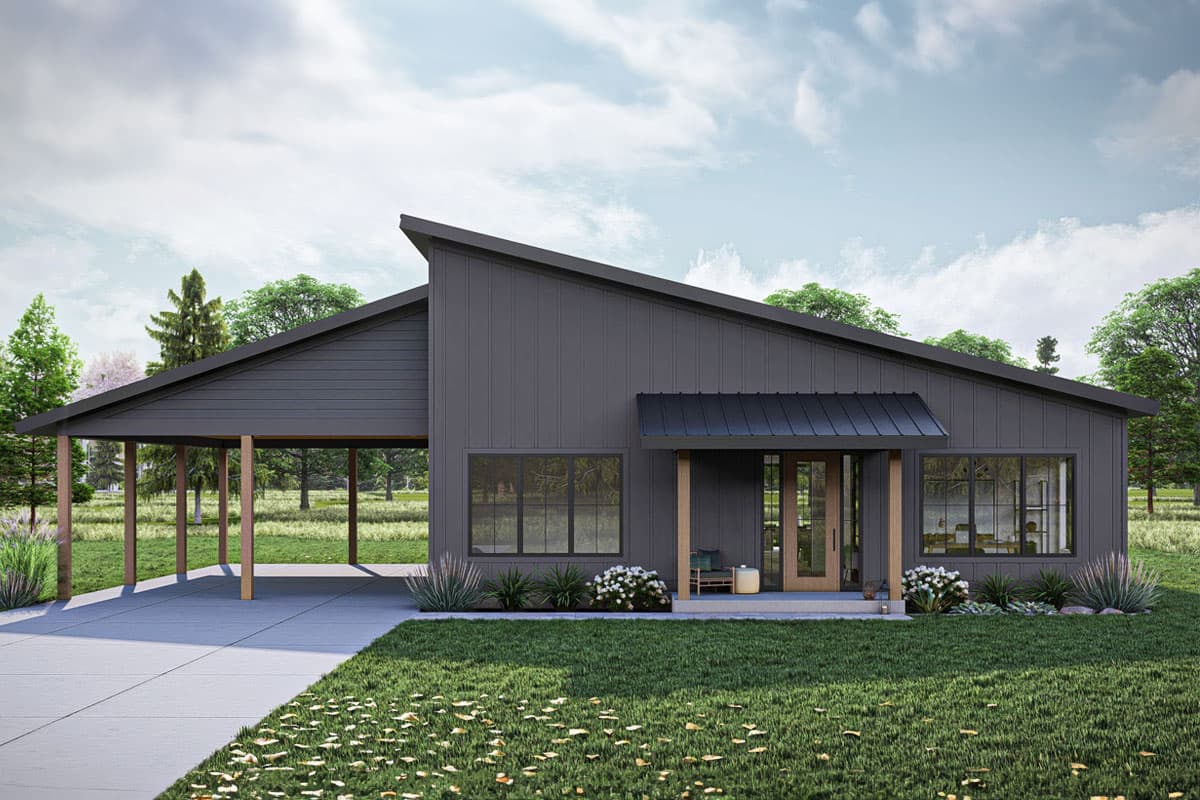 House plan exterior. Modern style, single-story home with a carport, shed roof, and covered entry. Features large windows and vertical siding.