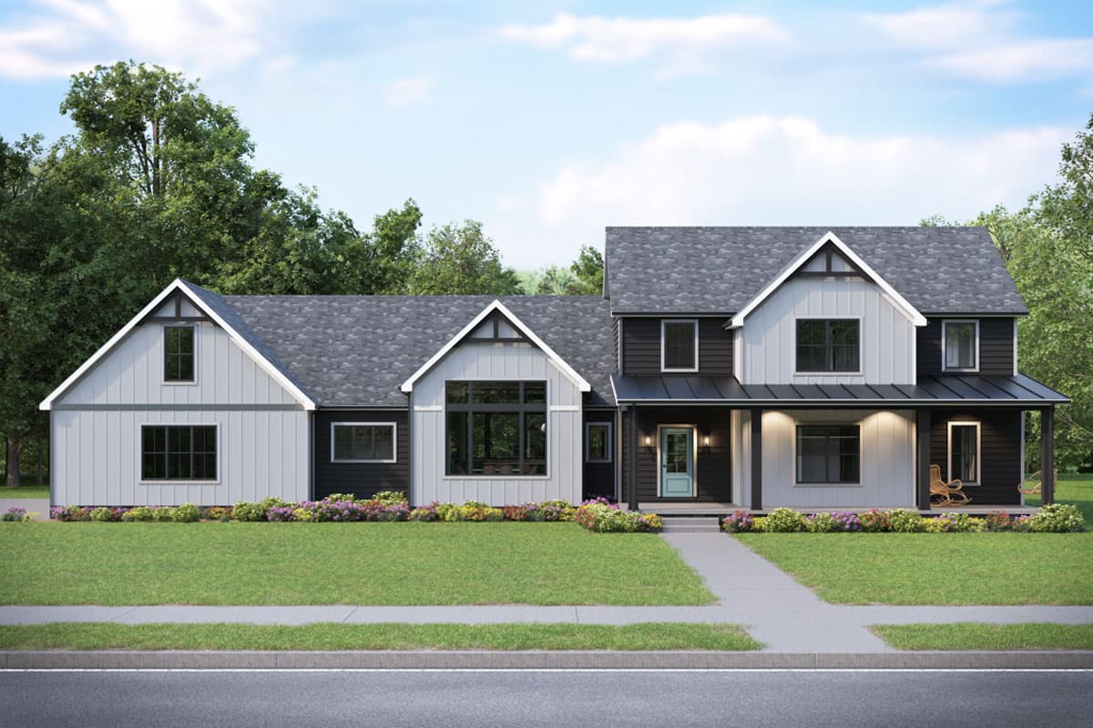 House plan exterior. Two-story Modern Farmhouse with gabled rooflines, a front porch, and black and white board-and-batten siding.