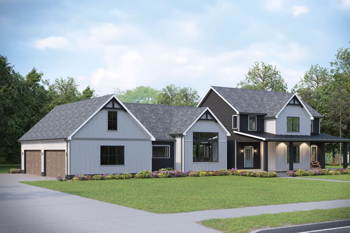Modern Farmhouse house plan exterior with two stories, a covered wrap-around porch, gables, and a three-car garage.