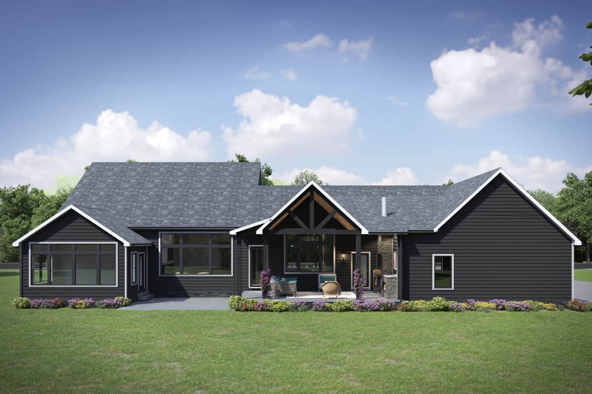 House plan exterior: modern ranch, one story, covered porch with exposed beams, large windows, and gable roof.