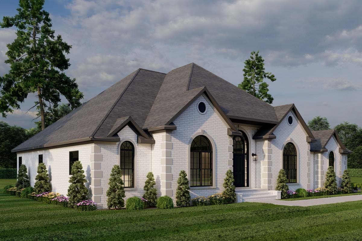 House plan exterior: White brick, one-story home with arched windows, gabled dormers, and a prominent front entrance.