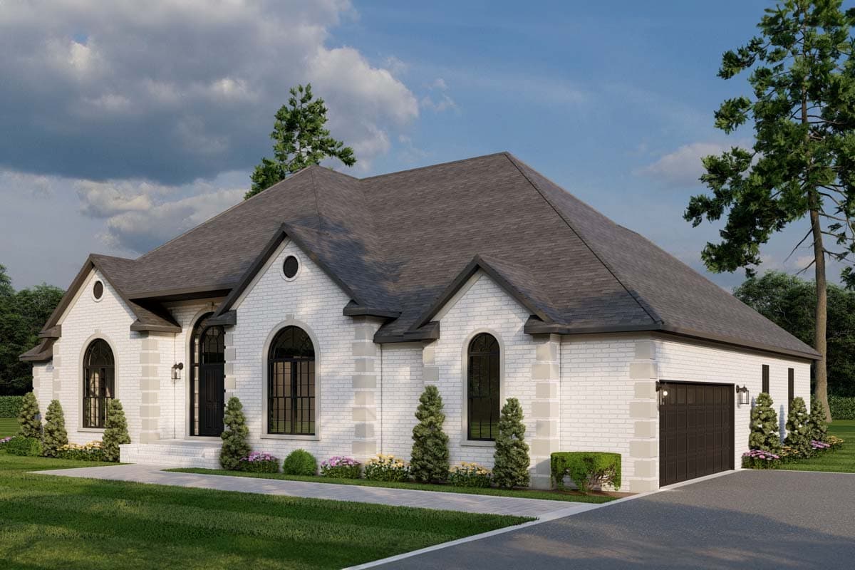 House plan exterior: single-story, white brick, arched windows with decorative grilles, prominent gables, and attached garage.