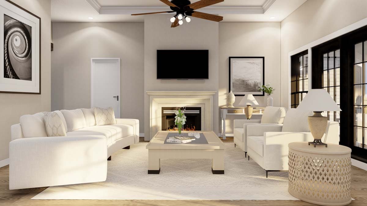Interior rendering of a living room with a fireplace, television, sectional sofa, seating, and large windows.