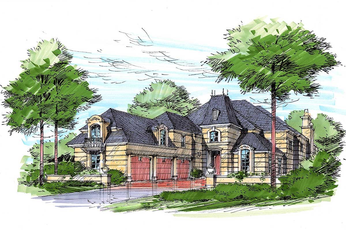 House plan exterior drawing with mansard roof, dormers, and a three-car garage.