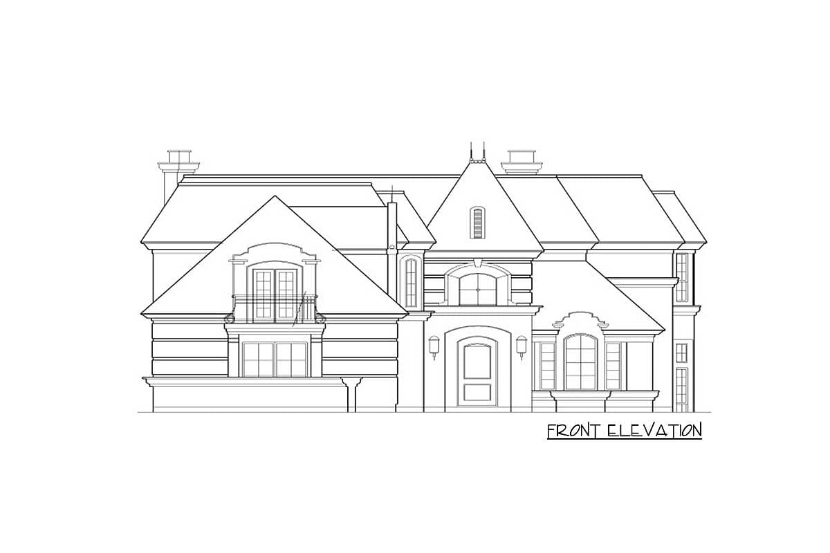 Front elevation drawing of a French Provincial style house with a prominent central gable, dormer windows, and a Juliet balcony.