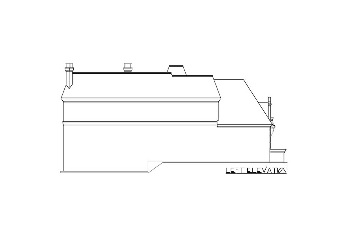Left elevation drawing of a house plan showing chimneys, layered rooflines, and a base with a stepped foundation.