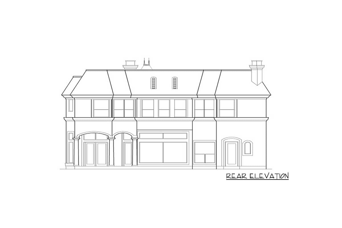 Rear elevation drawing of a two-story house with a mansard roof, arched entryway, and multiple windows.
