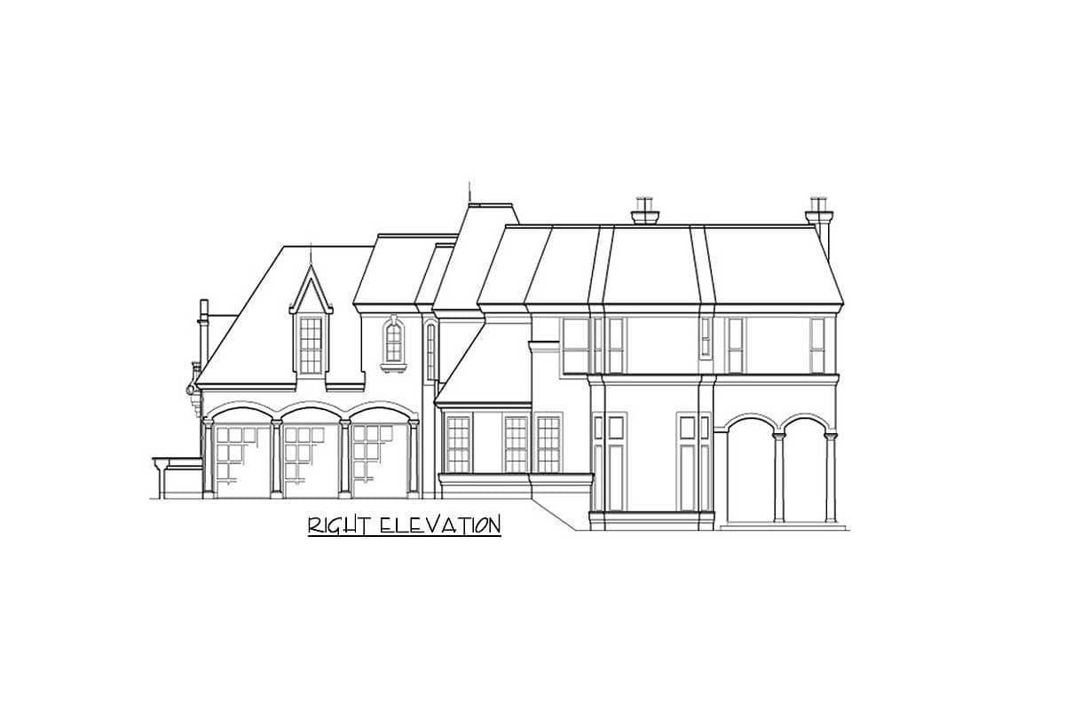 Right elevation house plan: multi-story with varied rooflines, gables, arched portico, and dormer windows.