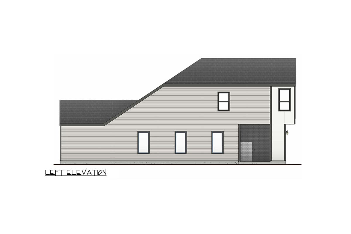 Left elevation house plan showing a two-story structure with horizontal siding, a prominent sloped roof, and multiple windows.