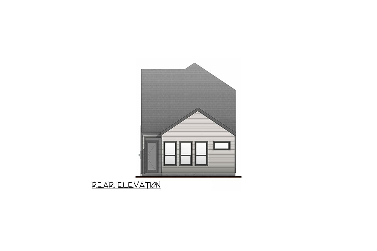 Rear elevation drawing of a house plan with a gabled roof, lap siding, a door, and four windows.