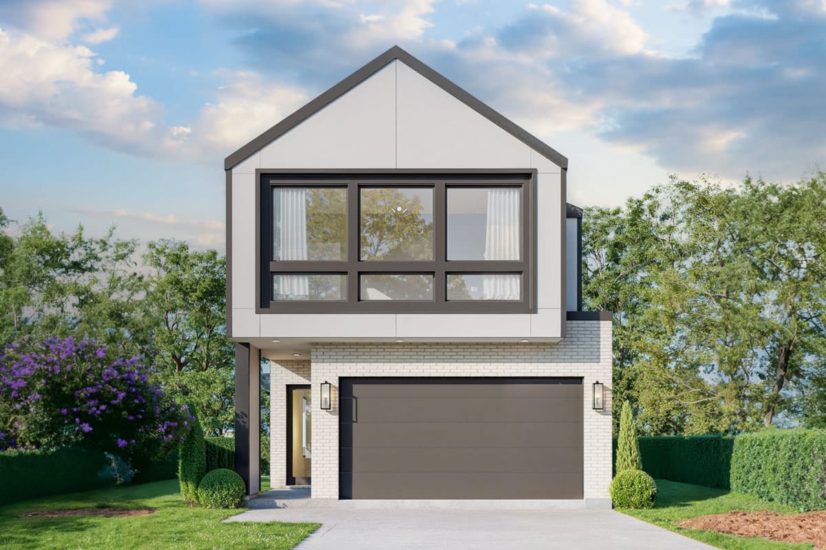 House plan exterior. Modern two-story house with a gable roof, large windows, and a front-facing garage. Brick and light siding.