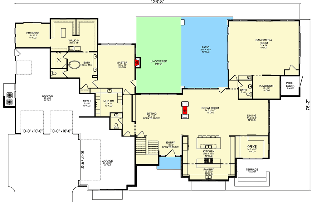Plan 580109DFT: 2-Story Contemporary Home Plan with Media Room and Playroom - 6684 Sq Ft - Floor Plan - Main Level - Contemporary, New American, Transitional