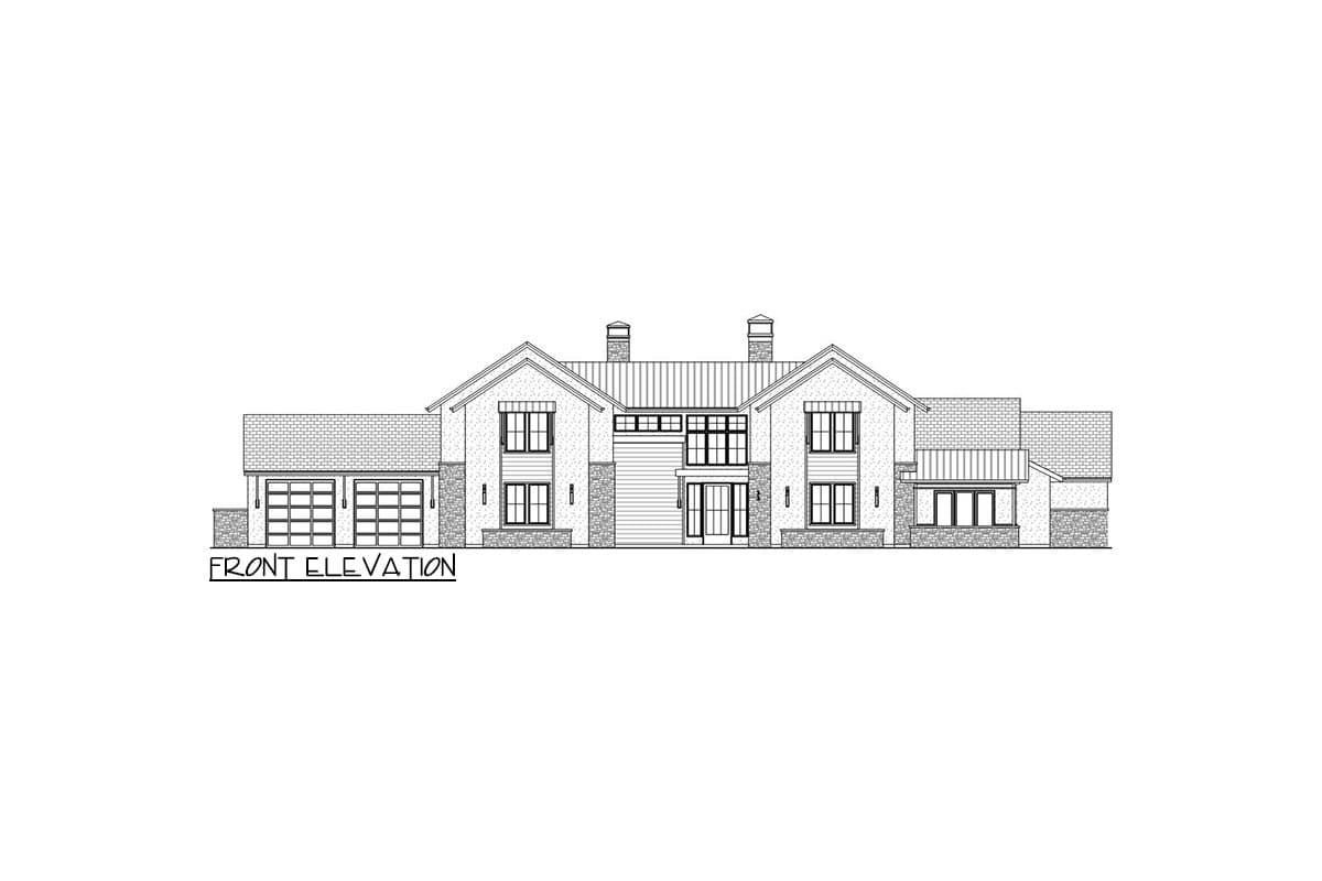 Front elevation drawing of a two-story house with a side-entry garage, gables, dormers, and dual chimneys.