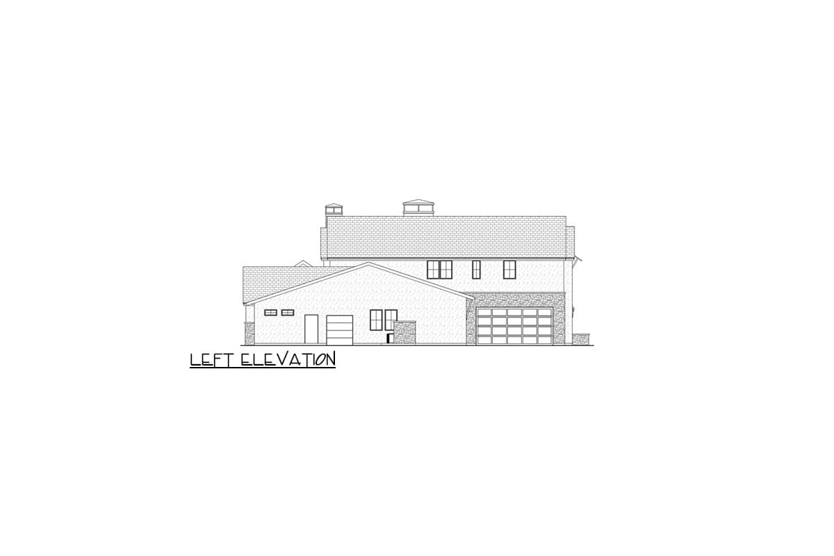 Left elevation drawing of a two-story house with a front-facing garage, gabled roof, and stone accents.