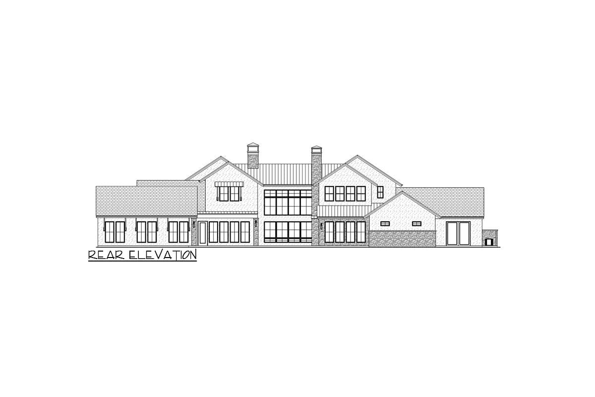 Rear elevation of a multi-story house plan featuring gables, dormers, and a large window bank.