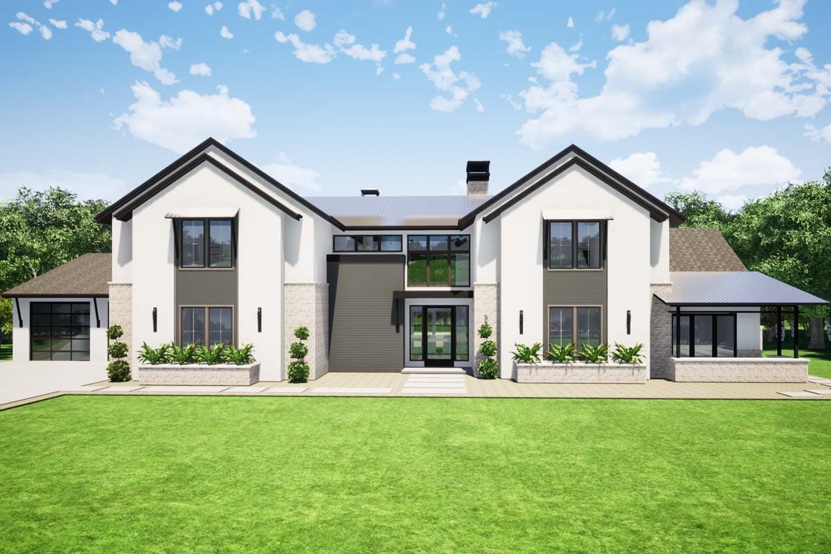 House plan exterior with modern farmhouse style. Two-story structure with gabled rooflines, stone accents, and a covered porch.