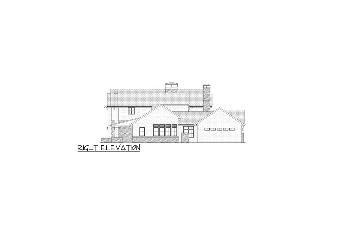 Right elevation drawing of a two-story house with stone accents, multiple gables, and a prominent chimney.