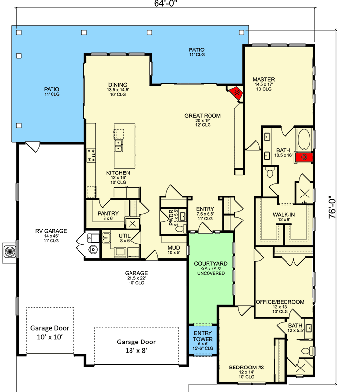 Plan 580110DFT: 3-Bed Ranch with Open Concept Great Room and RV Garage - 2564 Sq FT - Floor Plan - Main Level - European, Hill Country, Ranch, Tuscan