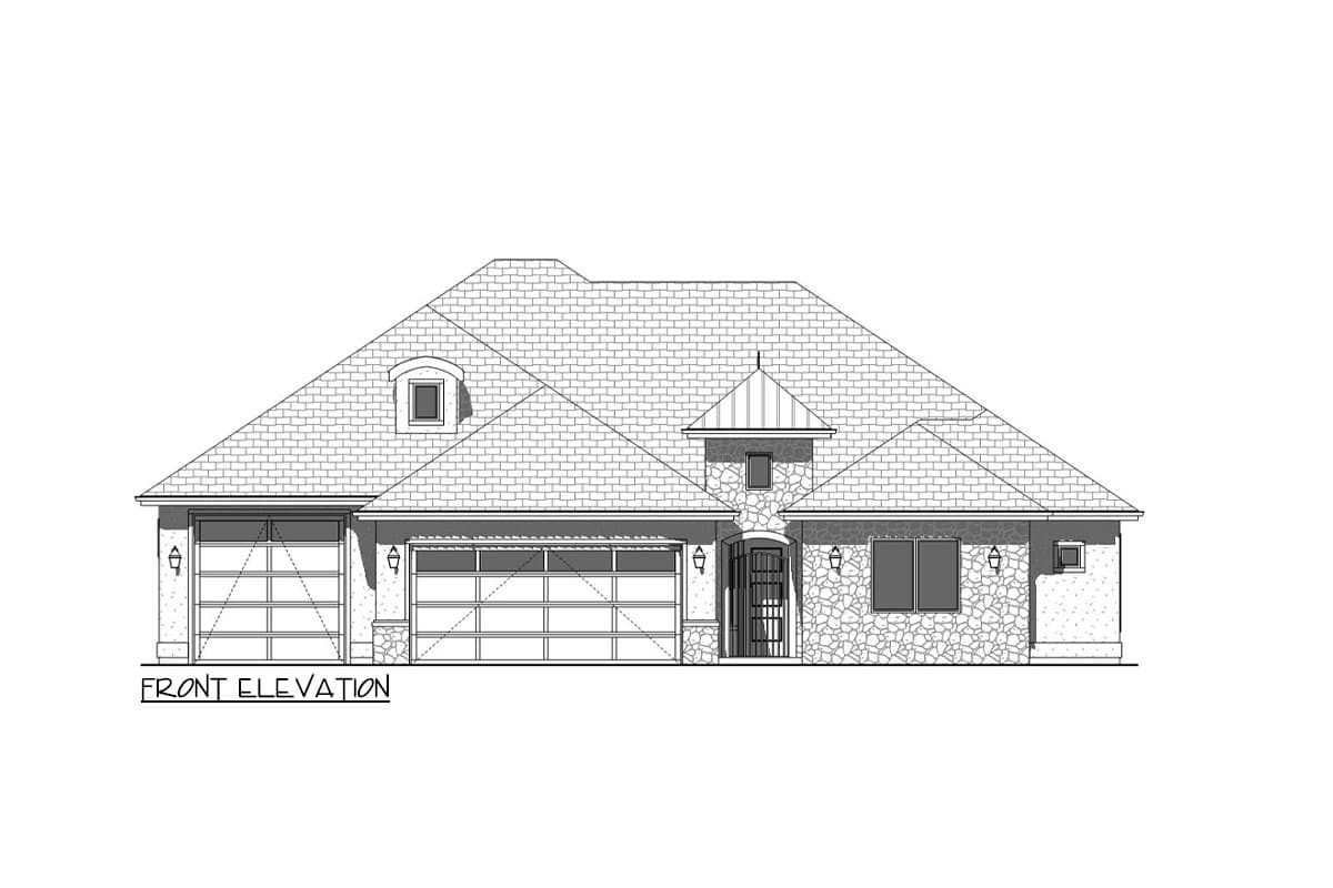 Front elevation of a house plan showing a hipped roof, dormer, stone facade, and a three-car garage.
