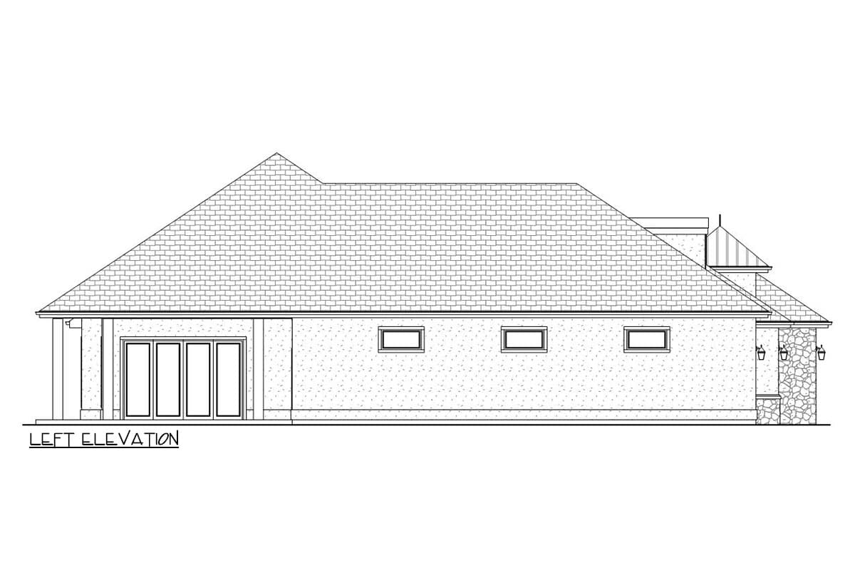 Left elevation drawing of a house plan showing a single-story structure with a hipped roof, multi-panel doors, and stone accents.