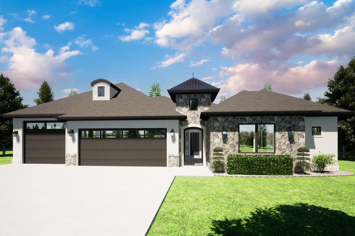 House plan exterior with stone accents, a two-car garage, and a central entry tower with a decorative gable and dormer window.