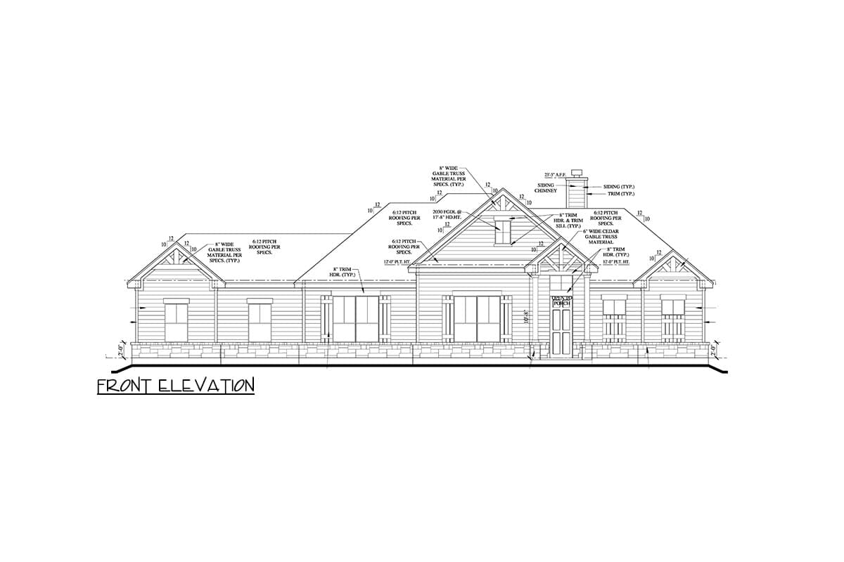 Front elevation house plan drawing featuring a single story, gabled rooflines, wide siding, and covered porch.