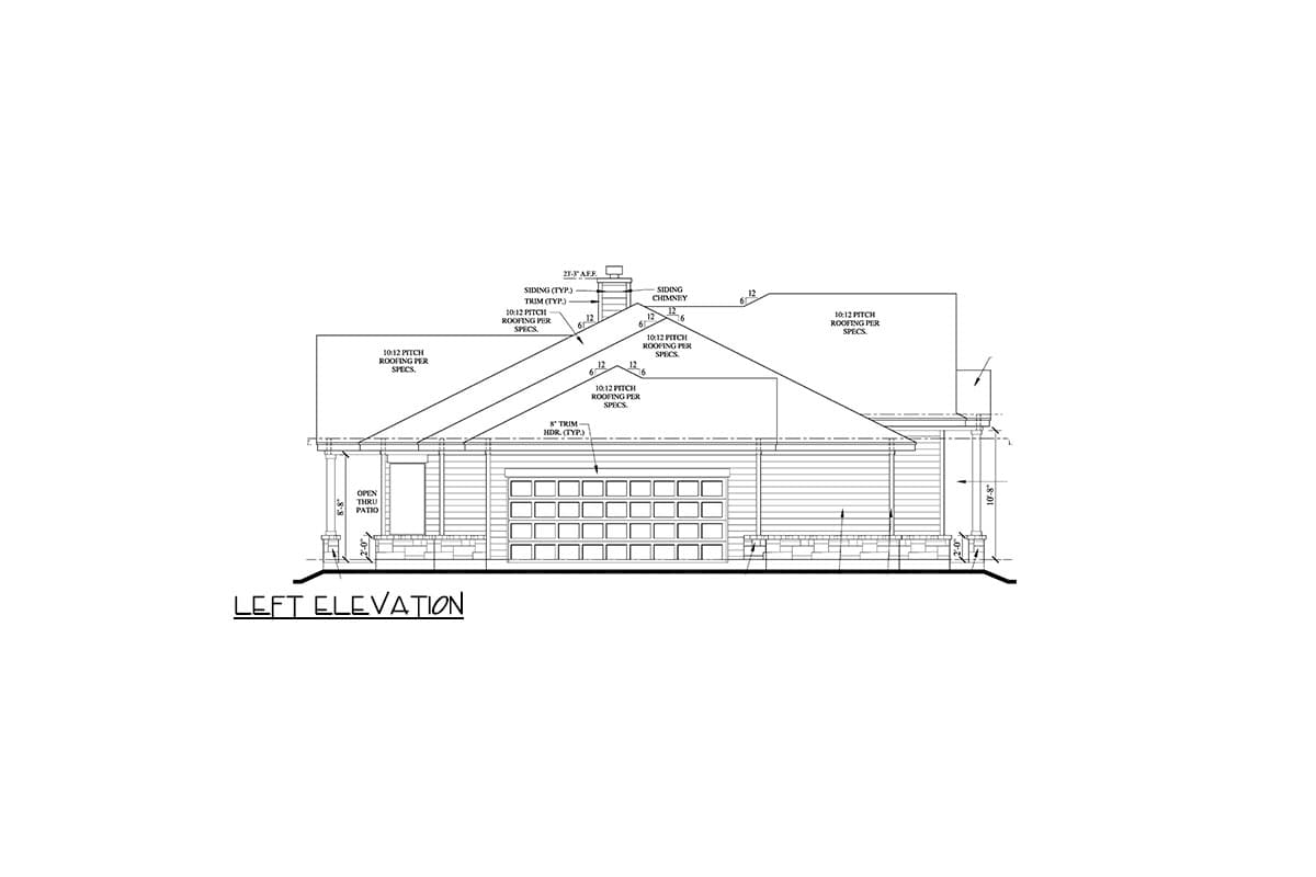 Left elevation floor plan shows a house with a 10:12 pitch roof, siding, a chimney, an open patio, and a two-car garage.