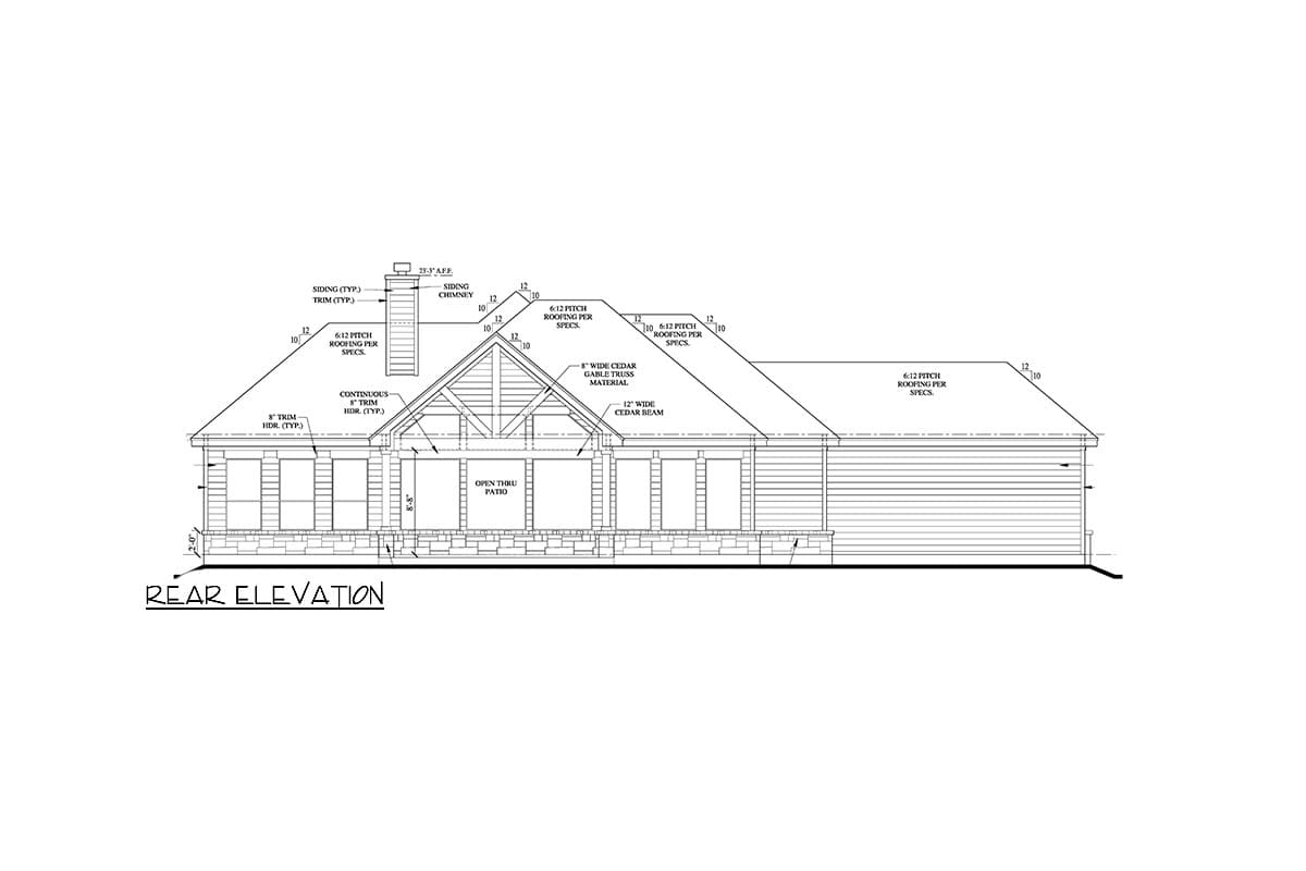 Rear elevation house plan with a prominent gable, wide cedar beams, siding, and a continuous covered patio.