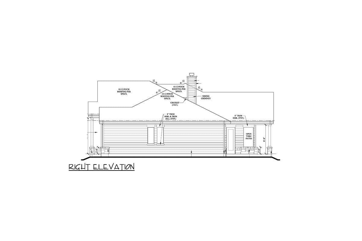 Right elevation house plan drawing showing 10:12 pitch roof, siding, chimney, and open thru patio.