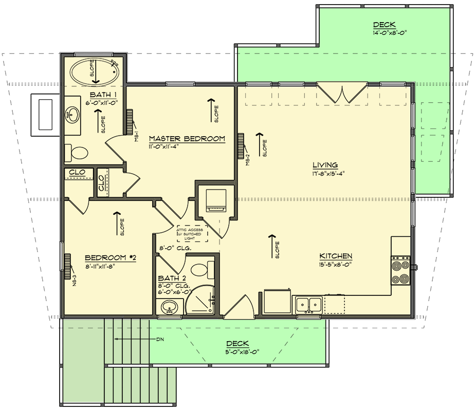 Plan 461042DNN: 2-Bed Modern Low Country Cabin with Vaulted Ceilings - 884 Sq. Ft. - Floor Plan - Main Level - Cabin, Coastal, Cottage, Low Country
