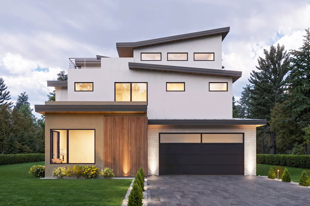 Modern house plan exterior with asymmetric rooflines, white stucco facade, wood accents, and attached garage.