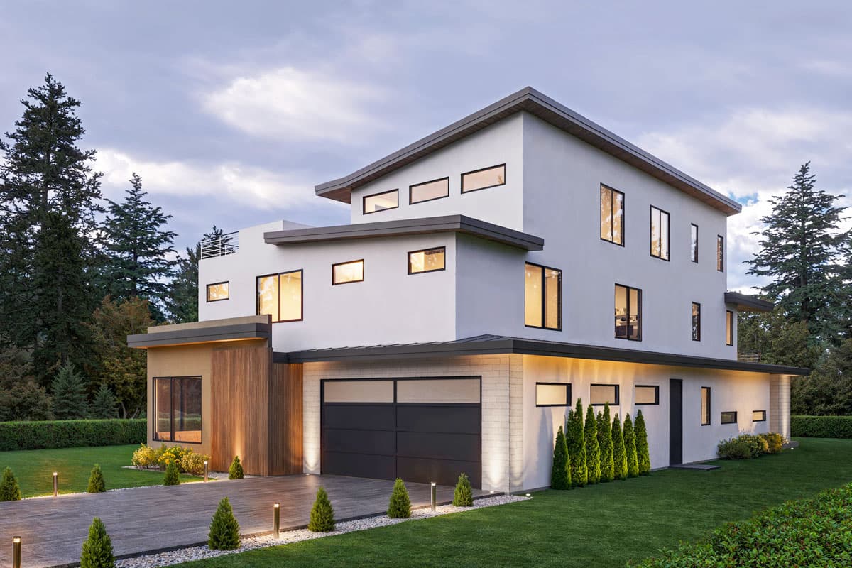 Modern two-story house plan exterior with flat rooflines, multiple gables, large windows, and attached garage.