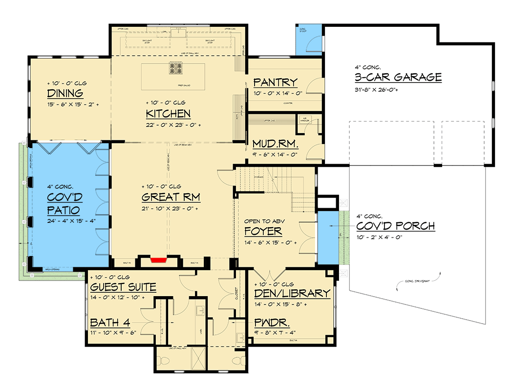 Plan 666271RAF: 4-Bed Contemporary Home Plan with Guest Suite on Main Level - 5158 Sq Ft - Floor Plan - Main Level - Contemporary, New American, Northwest, Transitional