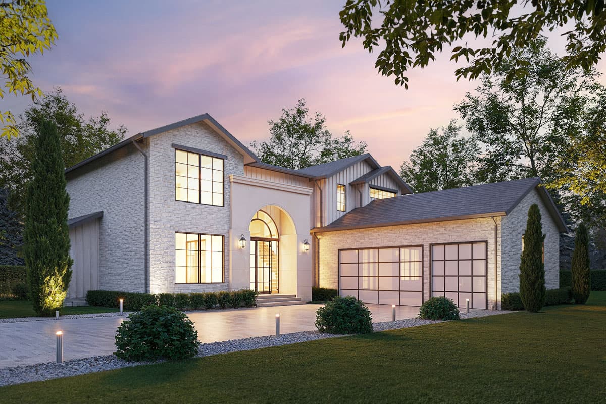 House plan exterior with two stories, stone facade, and gable roof. Features include an arched entry, dormers, and a garage with glass panel doors.