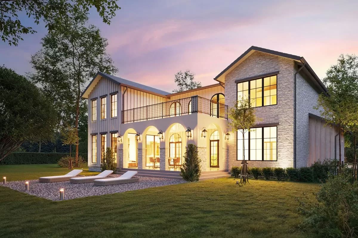 House plan exterior of two-story Modern Farmhouse with stone and board-and-batten siding, arched loggia, and upper balcony.