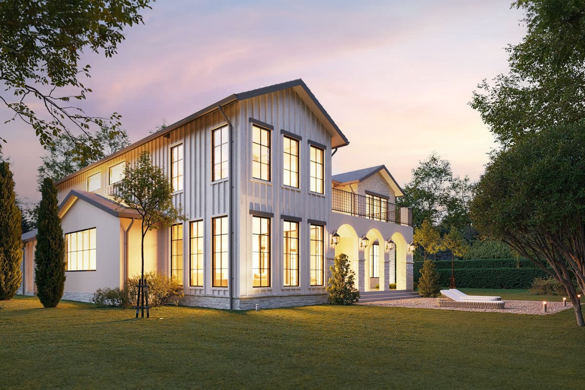 Modern Farmhouse style house plan exterior with vertical siding, gable rooflines, arched entryway, and balcony.