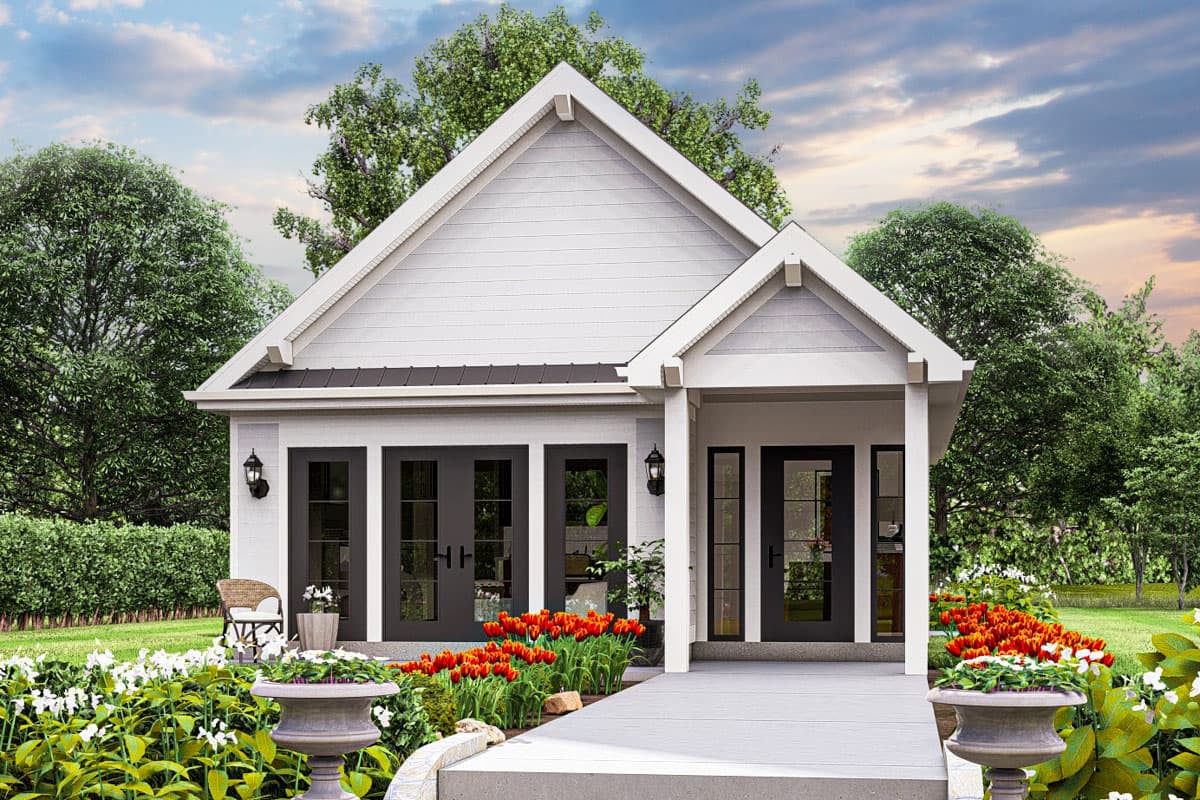House plan exterior. Small, one-story Craftsman with gabled roof, entry porch, and French doors. Features include board and batten siding.