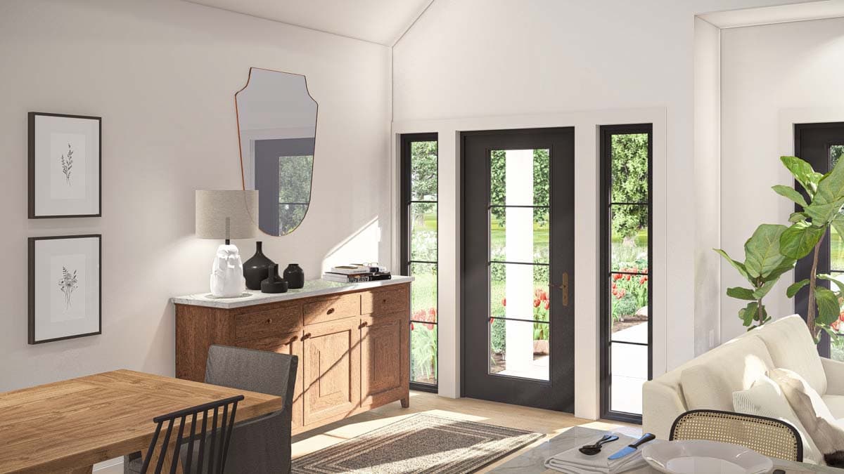 Interior rendering of a dining area with vaulted ceiling, double doors, and a sideboard. A sofa is visible.