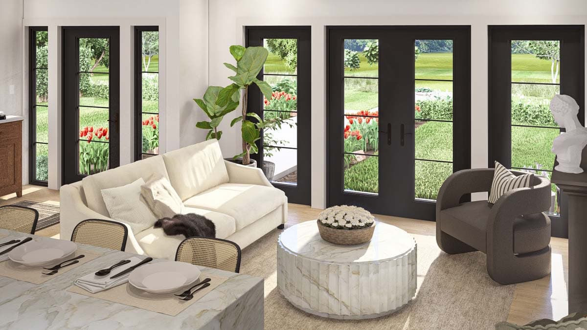 Living area rendering with sofa, accent chair, marble coffee table, and multiple black-framed doors overlooking a garden.