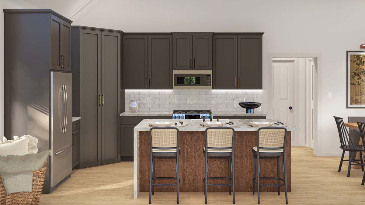 Kitchen rendering with dark gray cabinets, large island with seating, stainless steel refrigerator, and subway tile backsplash.
