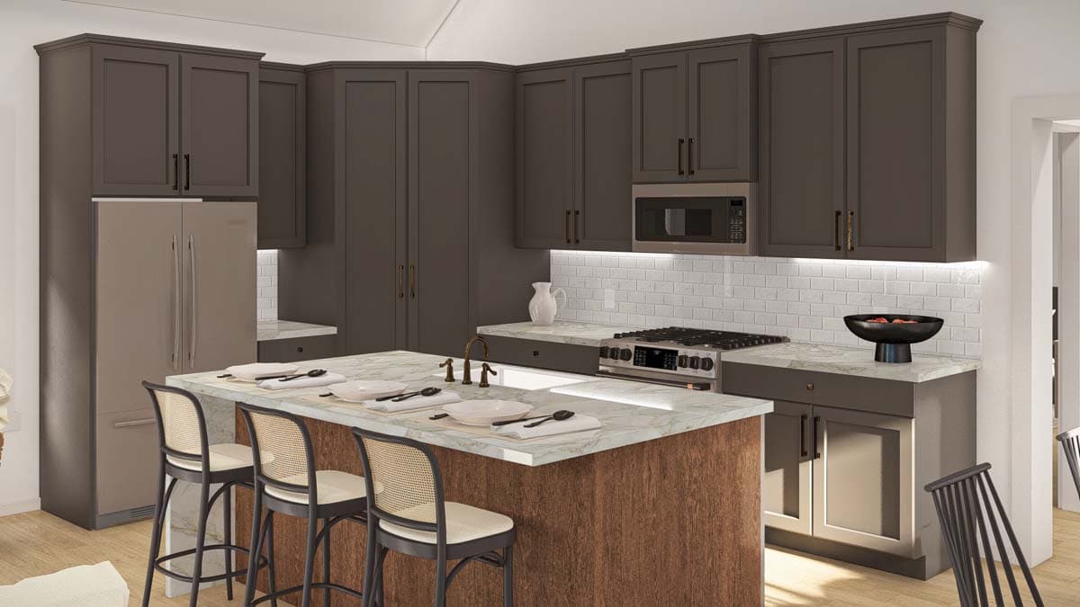 Kitchen featuring dark gray cabinetry, a large island with seating, stainless steel appliances, and white subway tile backsplash.