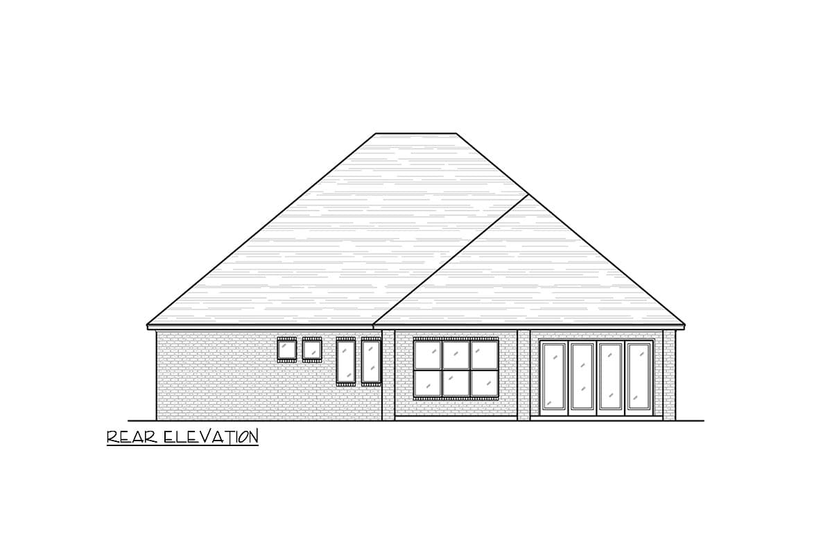 Rear elevation drawing of a house plan showing brick facade, multiple windows, and folding glass doors.