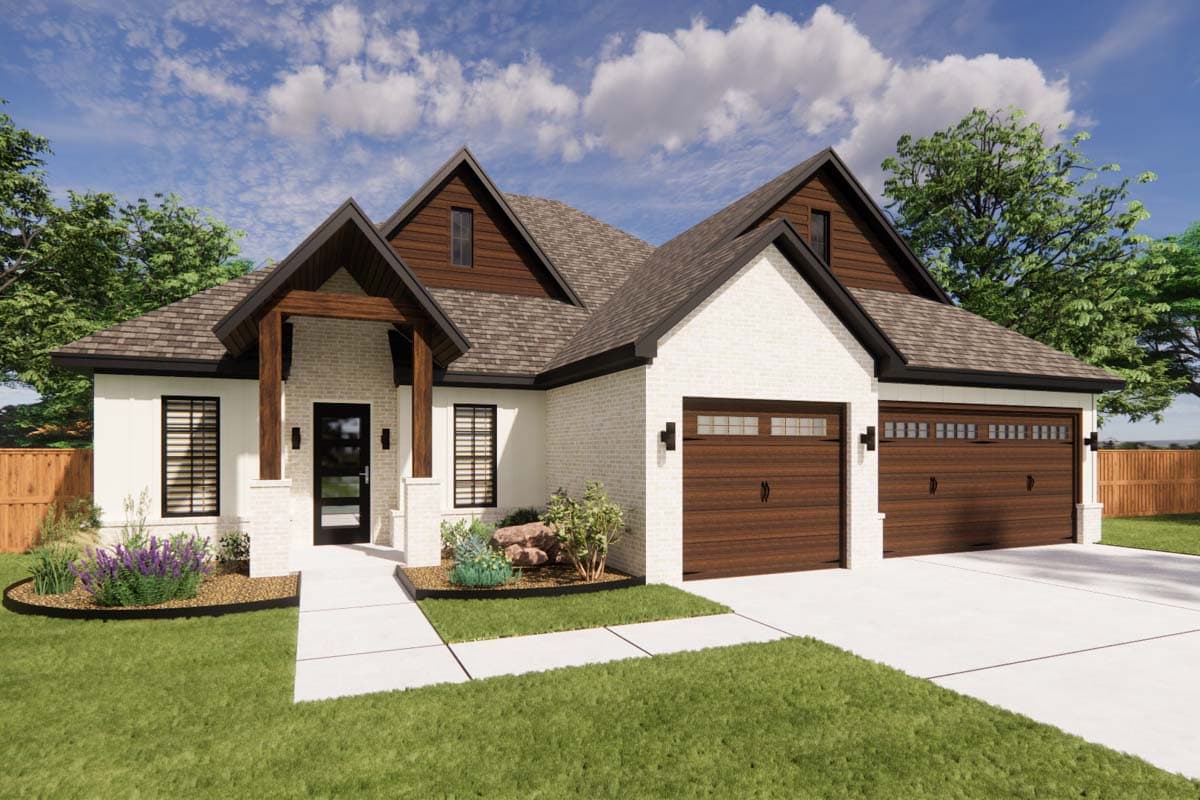 House plan exterior: One-story Modern Farmhouse with white brick, peaked gables, wood accents, and a three-car garage.