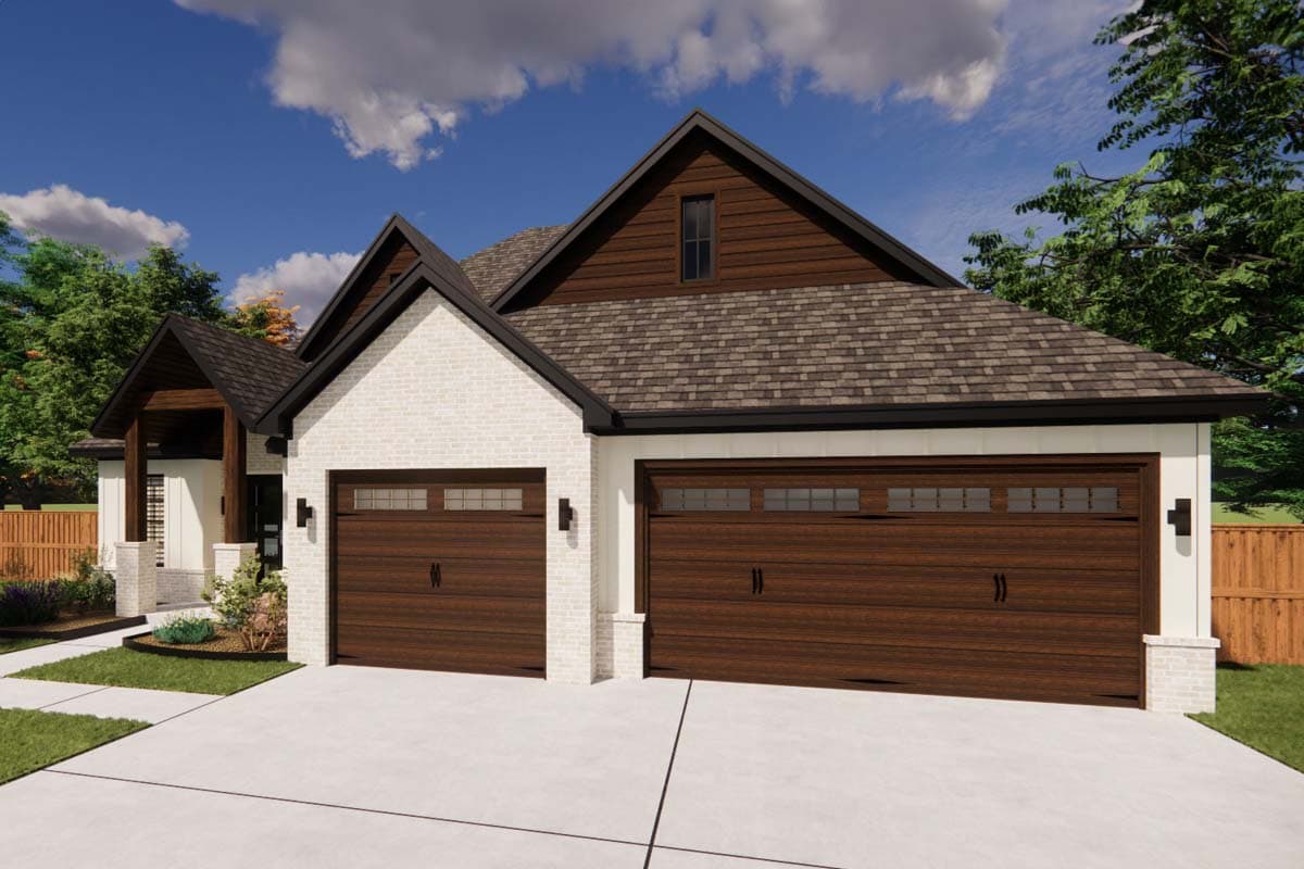 House plan exterior: Modern Farmhouse style, two stories, white brick, dark wood garage doors with windows, gabled rooflines.