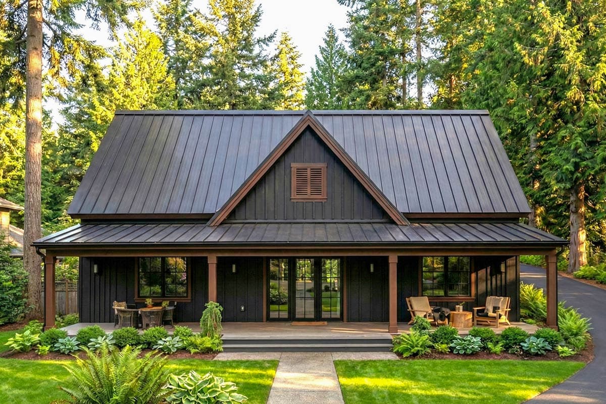 House plan exterior of a two-story modern farmhouse with a dark metal roof, board-and-batten siding, and a wraparound porch.